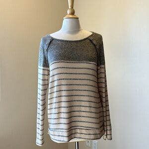 Pink Clover Luna Button detail brushed knit sweater, tan with gray stripes